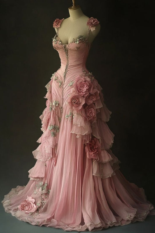 Jolie robe de bal rose à bretelles spaghetti en tulle, longue, manches courtes, motif floral, robe de 15 ans, W0278