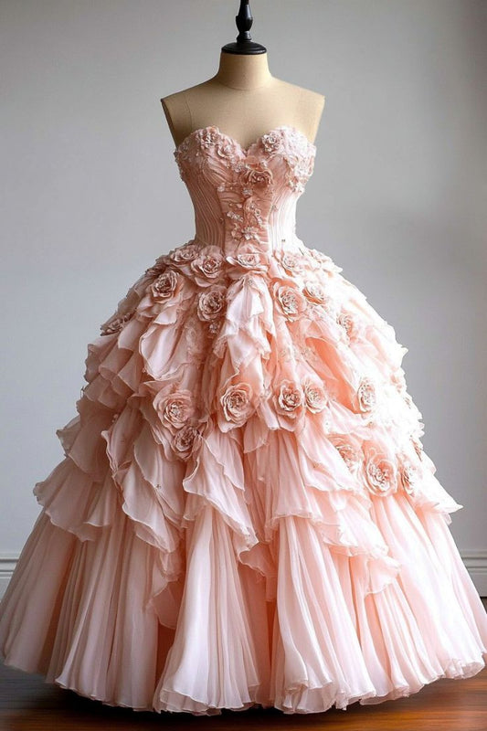 Robe de bal longue en tulle à fleurs roses, décolleté en cœur, manches courtes, robe de soirée, 15 ans, W0281