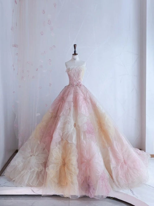 Pretty Ball Gown Sweetheart Pink Flowers Tulle Long Quinceanera Dress Formal Short Sleeves Flowers Vestido De 15 Anos Sweet 16 Dress W0284