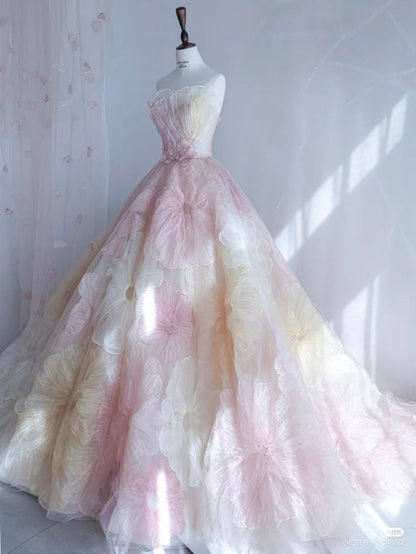 Pretty Ball Gown Sweetheart Pink Flowers Tulle Long Quinceanera Dress Formal Short Sleeves Flowers Vestido De 15 Anos Sweet 16 Dress W0284