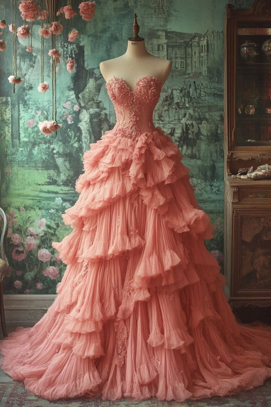 Robe de bal longue en tulle et dentelle rose blush, décolleté en cœur, manches courtes, motif floral, robe de soirée de 15 ans, W0285