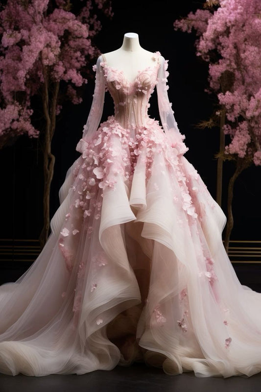 Jolie robe de bal en cœur à fleurs roses, manches longues, robes de Quinceanera, robe de soirée, W0287