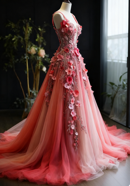 Pretty Ball Gown Sweetheart Pink Tulle Long Quinceanera Dress Formal Short Sleeves Flowers Vestido De 15 Anos Sweet 16 Dress W0288