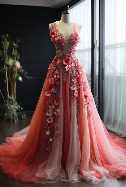 Robe de bal longue en tulle rose, décolleté en cœur, manches courtes, motif floral, robe de soirée, 15 ans, W0288