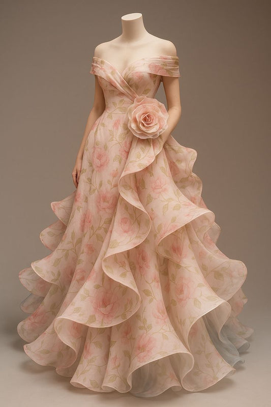 Robe de bal longue à fleurs roses, épaules dénudées, manches courtes, robe de soirée formelle, robe de 15 ans, robe Sweet 16 W0290