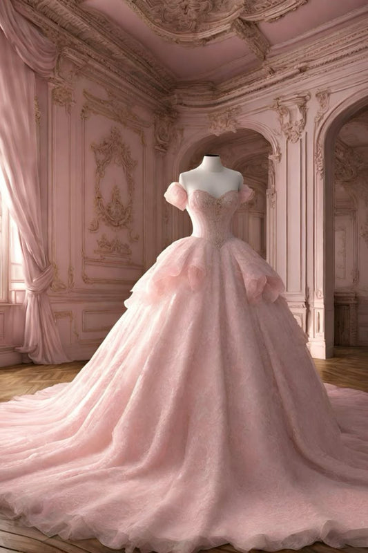 Robe de bal longue rose à épaules dénudées et perles, tenue de soirée à manches courtes et fleurs, idéale pour les 16 ans, W0292