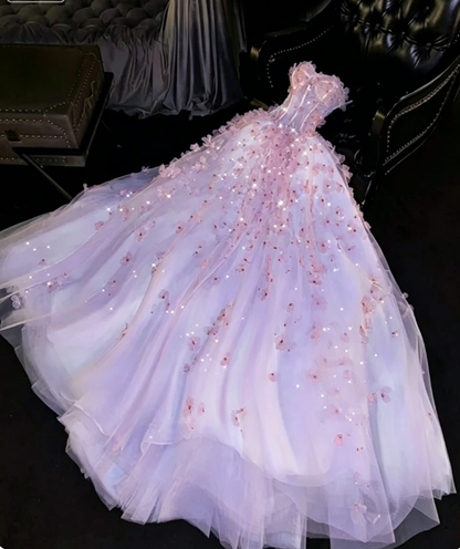 Unique  Ball Gown Sweetheart Pink Tulle Long Quinceanera Dresses Sweet 16 Dress Formal  Vestido De 15 Anos W0293