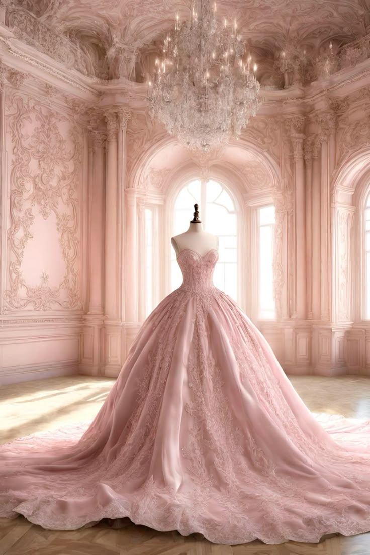 Unique  Ball Gown Sweetheart Pink Lace Long Quinceanera Dresses Sweet 16 Dress Formal  Vestido De 15 Anos W0294