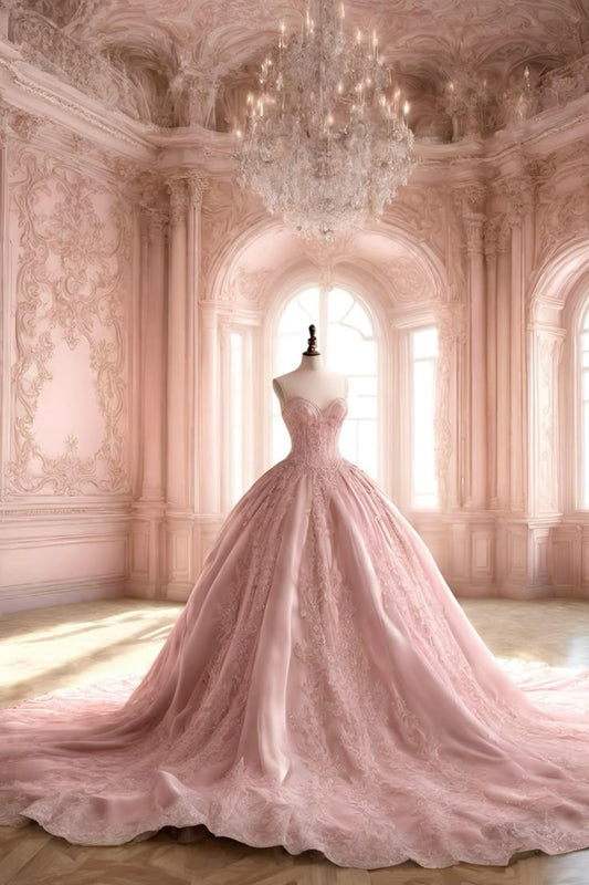 Robe de bal unique en dentelle rose, décolleté en cœur, longue, robe de Quinceanera, robe de soirée, W0294