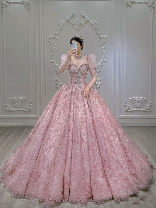 Robe de bal longue en tulle rose à col en cœur et perles, tenue de soirée à manches courtes et fleurs, idéale pour les 16 ans, W0297