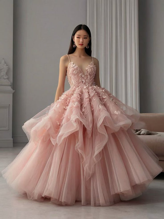 Einzigartige Ballkleid Spaghetti-trägern Rosa Blumen Lange Quinceanera Kleider Süße 16 Kleid Formale Vestido De 15 Anos W0301