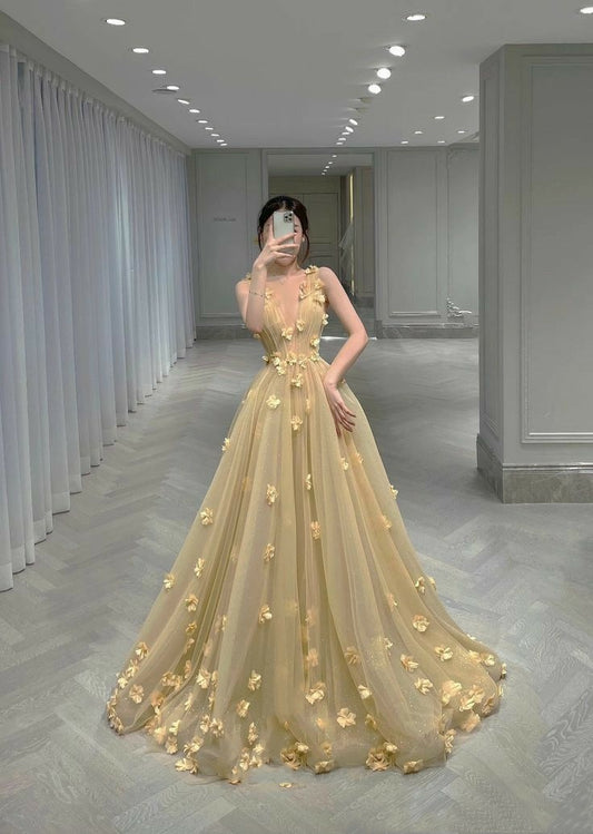 Einzigartige Ballkleid V-ausschnitt Gelb Blumen Lange Quinceanera Kleider Süße 16 Kleid Formale Vestido De 15 Anos W0302