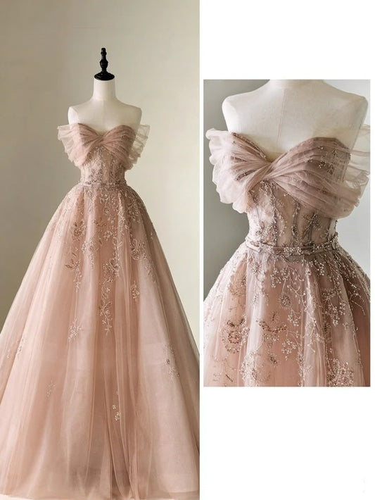 Hübsches Ballkleid Weg Von Der Schulter Rosa Tüll Lange Quinceanera Kleid Formale Blumen Vestido De 15 Anos Süße 16 Kleid W0303