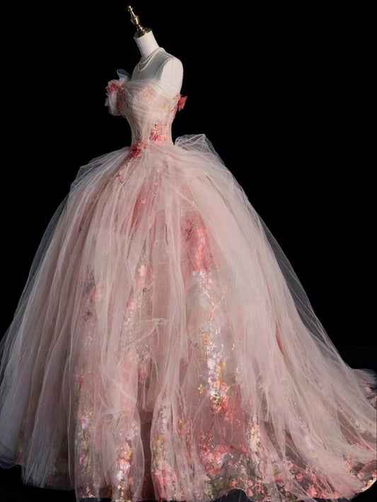 Einzigartige Ballkleid Liebsten Rosa Blumen Lange Quinceanera Kleider Süße 16 Kleid Formale Vestido De 15 Anos W0305
