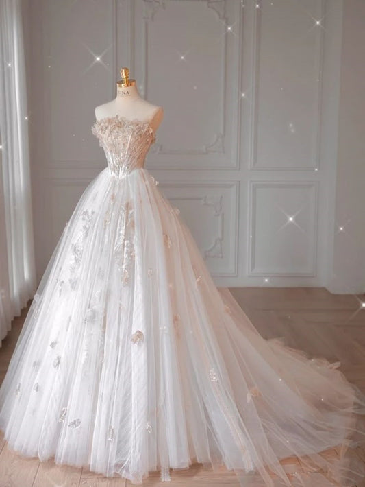 Rustic Wedding Dress Ball Gown Strapless White Lace Tulle Long Wedding Dresses Bridal Gowns W0306