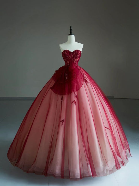 Hübsches Ballkleid Schatz Rote Blumen Tüll Lange Quinceanera Kleid Formale Kleider Vestido De 15 Anos Süße 16 Kleid W0307