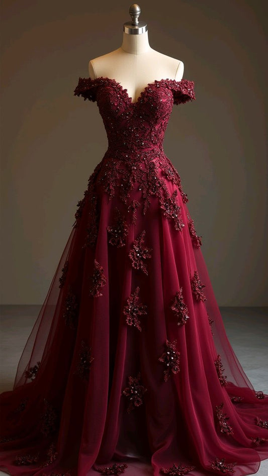 Hübsches Ballkleid Weg Von Der Schulter Burgund Tüll Lange Quinceanera Kleid Formale Blumen Vestido De 15 Anos Süße 16 Kleid W0308