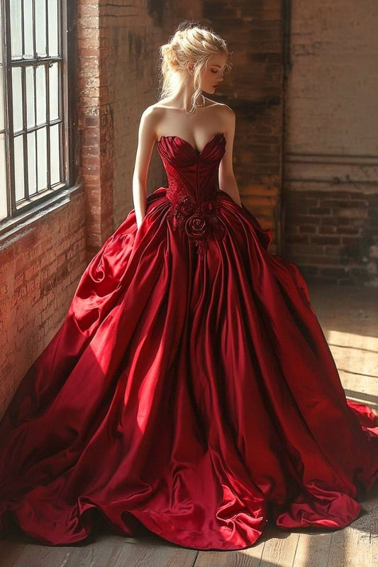 Hübsches Ballkleid Schatz Burgund Satin Lange Quinceanera Kleid Formale Kleider Vestido De 15 Anos Süße 16 Kleid W0312