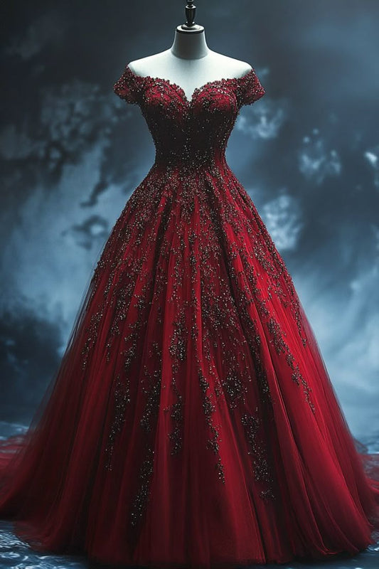 Hübsches Ballkleid Weg Von Der Schulter Burgund Tüll Lange Quinceanera Kleid Formale Kleid Vestido De 15 Anos Süße 16 Kleid W0316