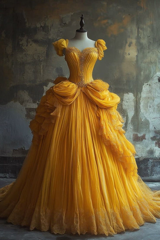 Hübsches Ballkleid Schatz Gelb Tüll Lange Quinceanera Kleid Formale Kleider Vestido De 15 Anos Süße 16 Kleid W0319