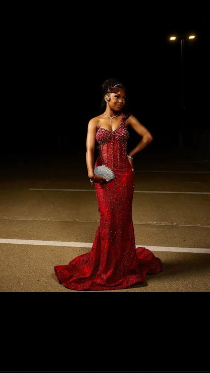 Sexy Mermaid One Shoulder Burgundy Sequin Formal Gown 23rd Birthday Dress Prom Dresses Black Girl 20th Birthday Outfits W0359