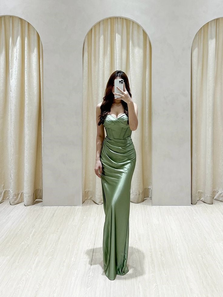 Classy Mermaid Sweetheart Green Satin Long Prom Dresses Formal Gown Summer Wedding Guest Dress Wedding Outfits For Guest  W0380