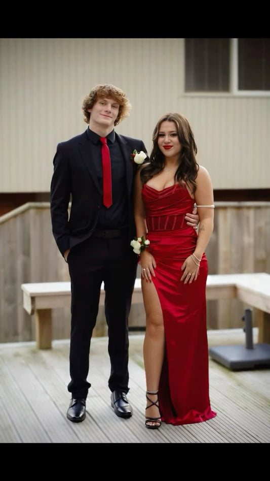 Edle Meerjungfrau Schatz Rot Satin Hoher Schlitz Schnitt Schlitz Lange Ballkleider Partykleid Geburtstag Outfits Abschlusskleider W0401