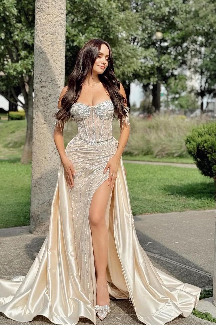 Classy Mermaid Off The Shoulder Champagner Pailletten Schwarz Mädchen Langer Schlitz Ballkleider Partykleid Geburtstags-Outfits Abschlusskleider W0405