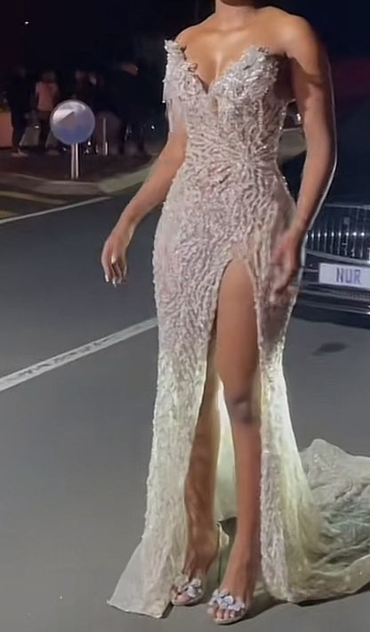Modest Mermaid Sweetheart Champagne Slit Formal Gown 20th Birthday Dress Prom Dresses Black Girl 18th Birthday Outfits W0413