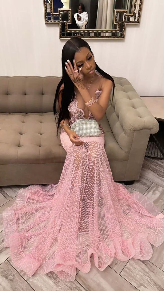 Vintage Mermaid V Neck Beads Sleeveless Long Prom Dresses Party Dress Black Girl Outfits Graduation Dresses W0420