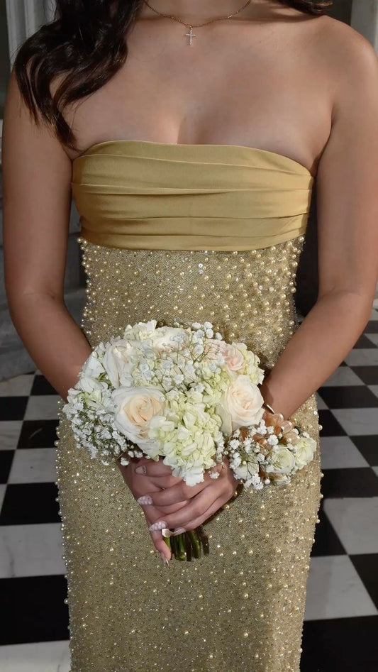 Elegant Glamour Sheath Strapless Sequin Yellow Bridesmaid Dresses Party Gown Summer Birthday Outfits Birthday Dress Ideas For Women W0423