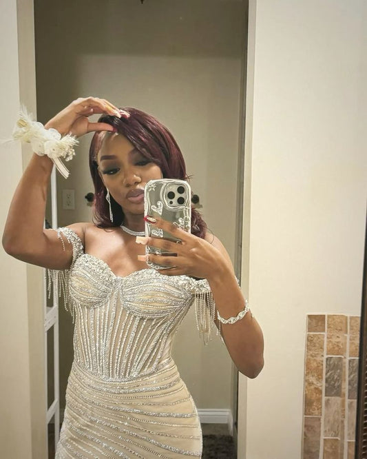 Edle Meerjungfrau aus der Schulter Champagner Pailletten Split Black Girl Langer Schlitz Ballkleider Partykleid Geburtstag Outfits Abschlusskleider W0425