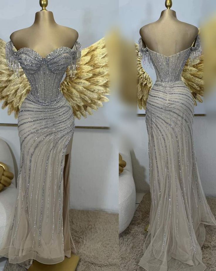 Classy Mermaid Off The Shoulder Champagner Pailletten Split Langer Schlitz Ballkleider Partykleid Geburtstags-Outfits Abschlusskleider W0438