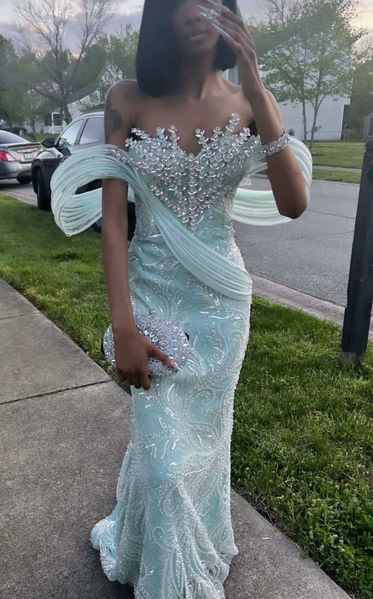 Edle Meerjungfrau Schatz Mintgrün Silber Perlen Ärmellose Pailletten Lange Ballkleider Partykleid Geburtstag Outfits Abschlusskleider W0472
