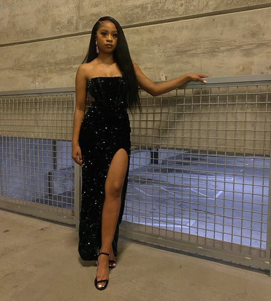 Edle Meerjungfrau trägerlose schwarze Pailletten ärmellose lange Ballkleider Partykleid Geburtstags-Outfits Abschlusskleider W0479