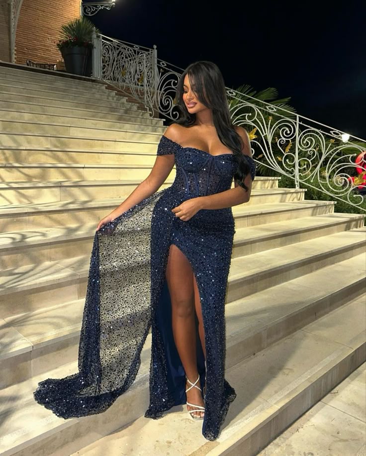 Classy Mermaid Off The Shoulder Navy Blue Sequin Black Girl Lange Ballkleider Partykleid Geburtstags-Outfits Abschlusskleider W0507