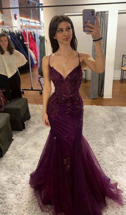 Edle Meerjungfrau-Träger Roter Tüll Rückenfreies Langes Ballkleid Partykleid Geburtstags-Outfits Abschlusskleider W0513