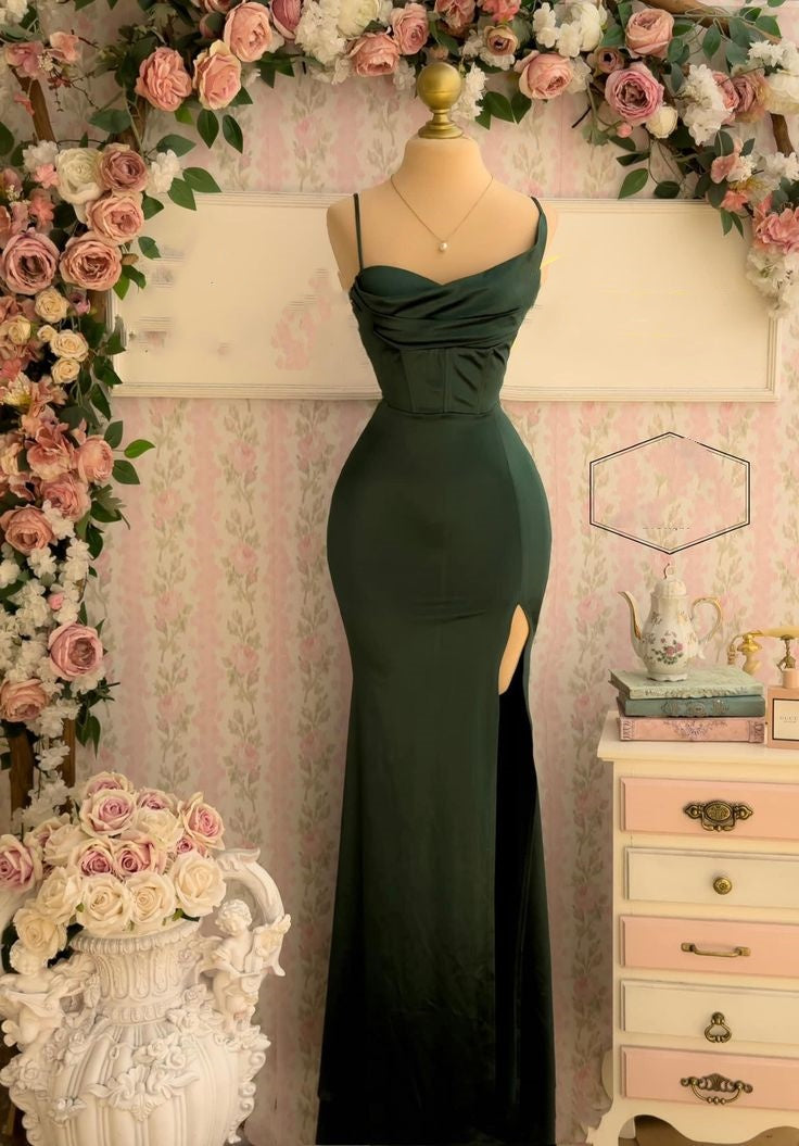 Edle Meerjungfrau-Spaghettiträger Dunkelgrün Satin Hochgeschlitzte Lange Ballkleider Partykleid Geburtstags-Outfits Abschlusskleider W0590