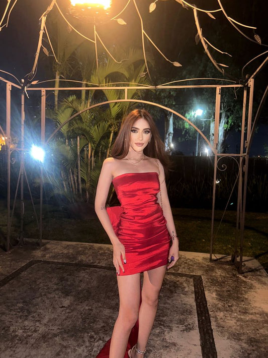 Cute Sheath Strapless Red Satin Short Homecoming Dress Summer Middle School Formal Hoco Dresses Cocktail Dress Birthday Outfits W0614