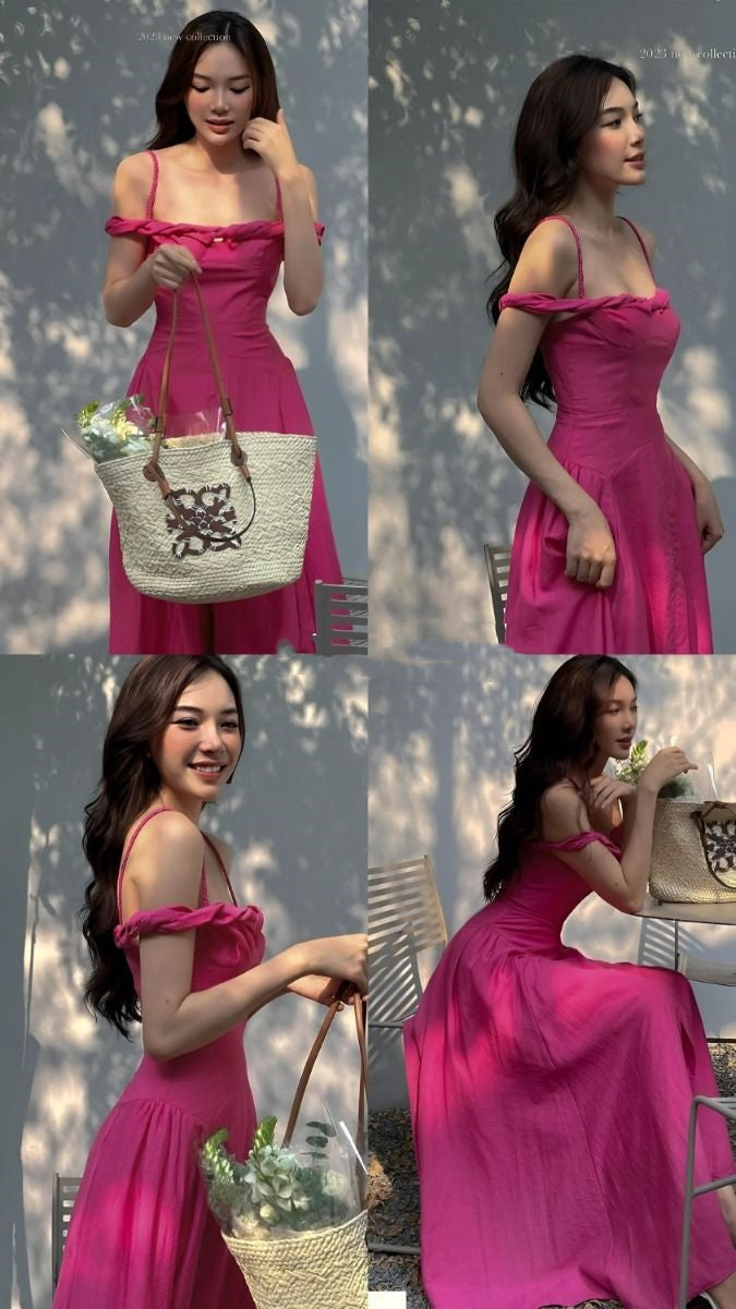 Edle A-Linie Spaghettiträger Rosa Rüschen Langes Abendkleid Sommer Hochzeitsgastkleid Brautgastkleider Hochzeits-Outfits für Gäste W0700