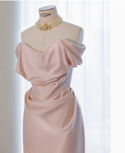 Classy Sheath Off The Shoulder Pink Satin Long Prom Dresses Formal Gown Summer Wedding Guest Dresses Wedding Guest Outfit W0717