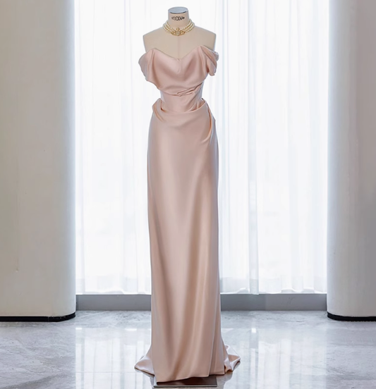 Classy Sheath Off The Shoulder Pink Satin Long Prom Dresses Formal Gown Summer Wedding Guest Dresses Wedding Guest Outfit W0717