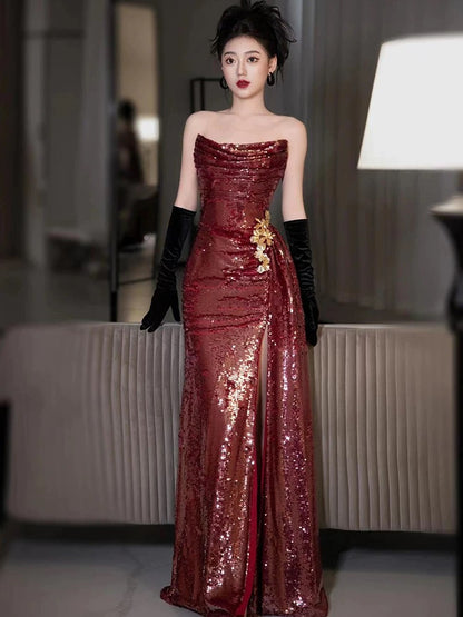 Classy Mermaid Strapless Burgundy Sequin Slit Long Formal Gown Summer Wedding Guest Dress Bridal Guest Dresses Wedding Outfits For Guest W0724