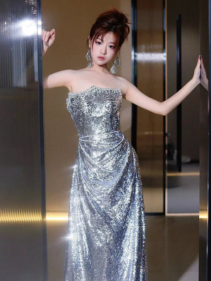Classy Mermaid Strapless Silver Sequin Long Prom Gown Summer Wedding Guest Dress Bridal Guest Dresses Wedding Outfits For Guest W0727