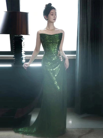 Classy Mermaid Strapless Dark Green Sequin Long Prom Gown Summer Wedding Guest Dress Bridal Guest Dresses Wedding Outfits For Guest W0728