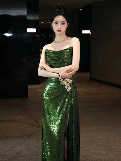 Classy Mermaid Strapless Dark Green Sequin Long Prom Gown Summer Wedding Guest Dress Bridal Guest Dresses Wedding Outfits For Guest W0728