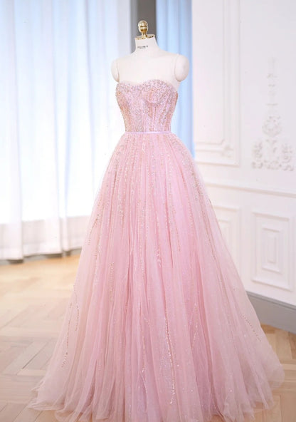 Hübsches Ballkleid Schatz Tüll Rosa Lange Quinceanera Kleid Formale Kleider Vestido De 15 Anos Süße 16 Kleid W0738