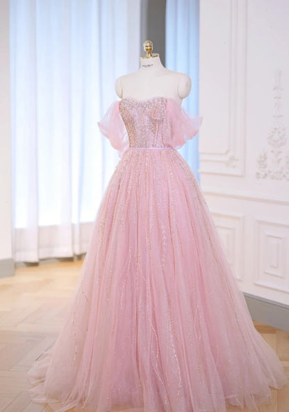 Hübsches Ballkleid Schatz Tüll Rosa Lange Quinceanera Kleid Formale Kleider Vestido De 15 Anos Süße 16 Kleid W0738