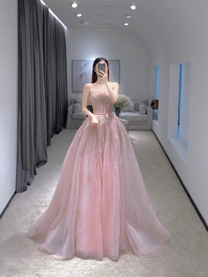 Hübsches Ballkleid Schatz Tüll Rosa Lange Quinceanera Kleid Formale Kleider Vestido De 15 Anos Süße 16 Kleid W0738