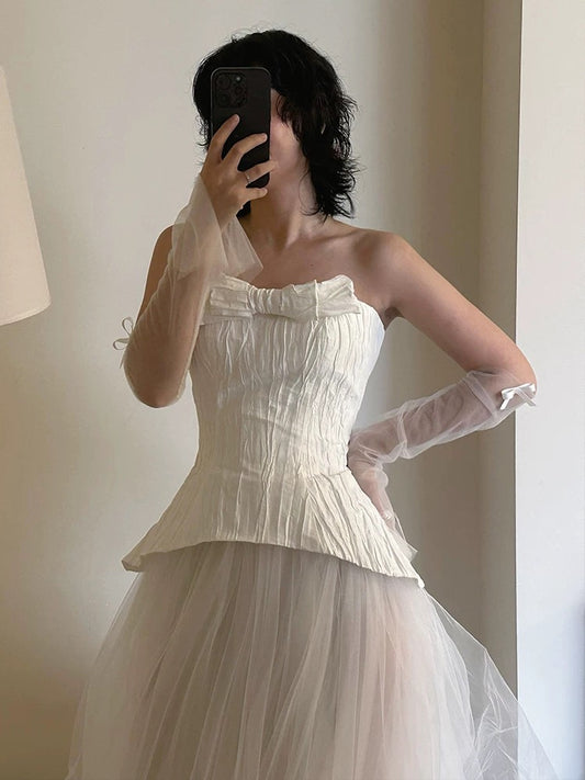 Dreamy Wedding Dress Ball Gown Strapless White Tulle Summer Long Wedding Dresses Bridal Gowns W0741